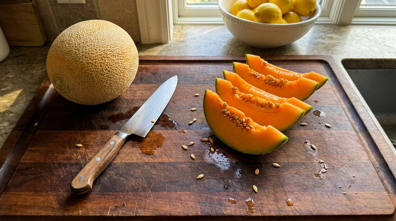 A top-down view of a whole cantaloupe being sliced on a wooden cutting board.