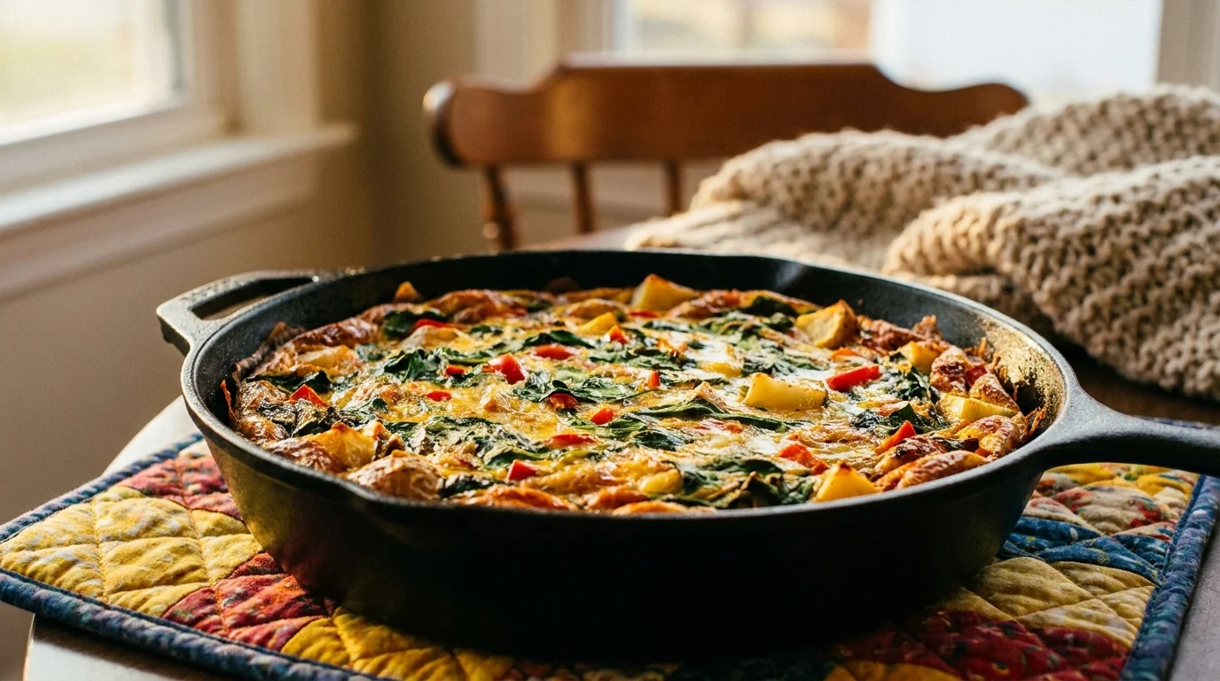 A vibrant vegetable frittata in a cast-iron skillet, showcasing a creative way to use leftover produce to save money.