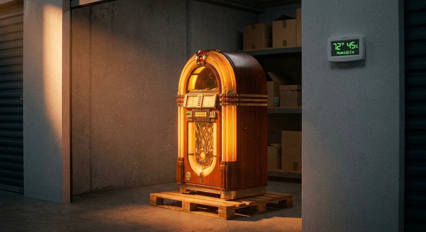 A vintage grandfather clock in a storage unit with a digital thermostat showing 72 degrees Fahrenheit.