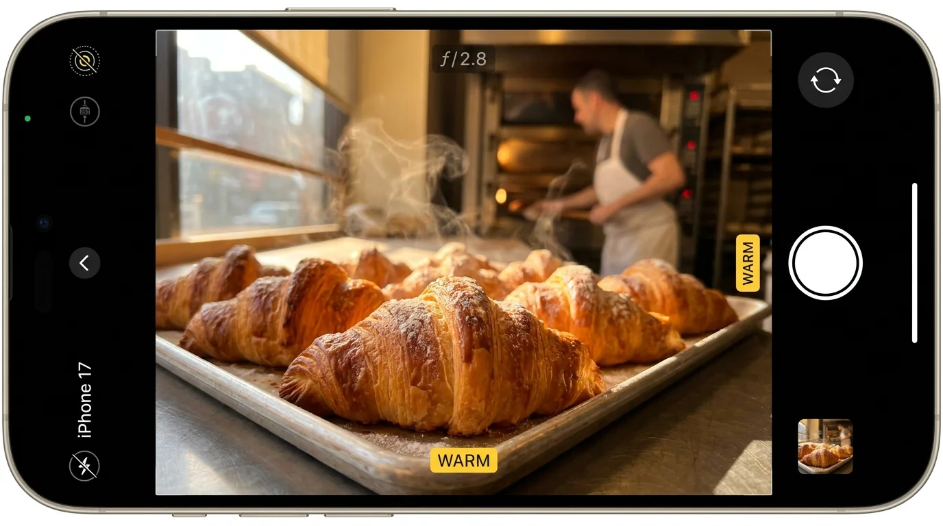 A warm, close-up photo of fresh croissants in a bakery, with steam rising and soft lighting.