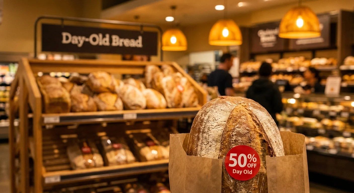 A warm, close-up shot of a loaf of sourdough bread with a '50% Off Day Old' sticker on the paper bag.