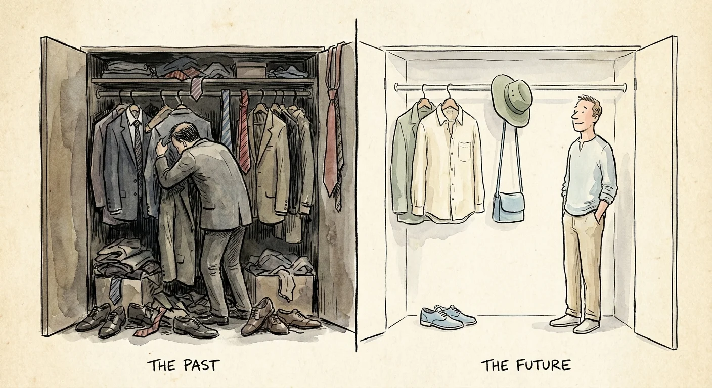 A watercolor illustration comparing a cluttered closet of work suits to a minimalist collection of comfortable retirement clothes.