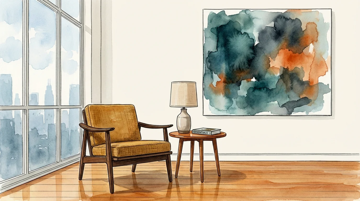 A watercolor illustration of a minimalist, well-decorated small living room with high-quality furniture.