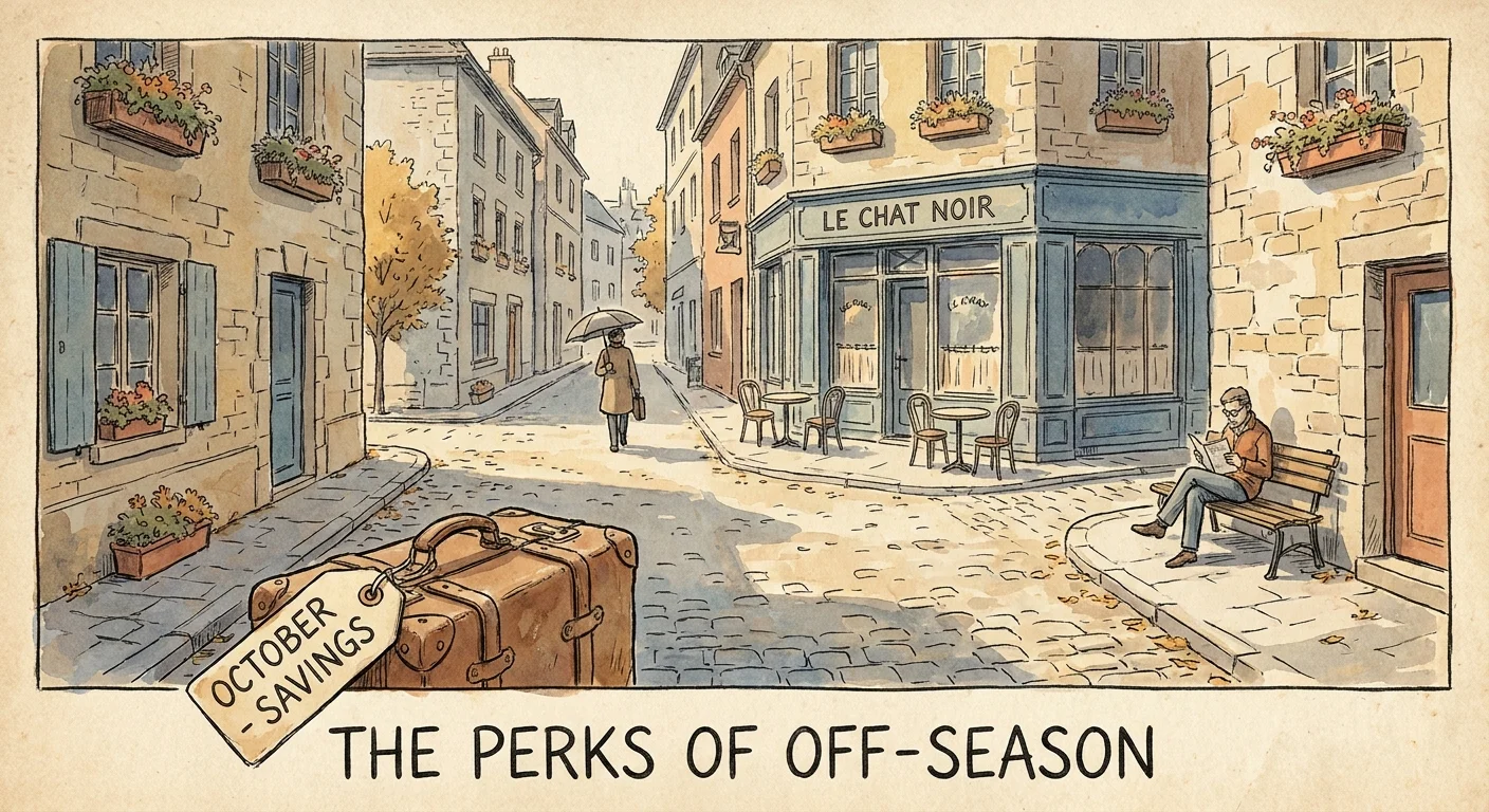 A watercolor illustration of a quiet European cafe in autumn with a suitcase labeled October Savings.