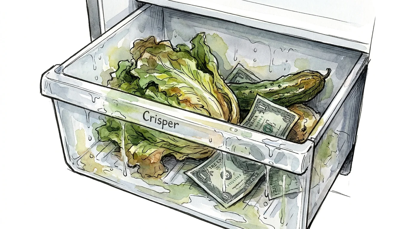 A watercolor illustration of a refrigerator drawer where rotting vegetables are covering up forgotten dollar bills.