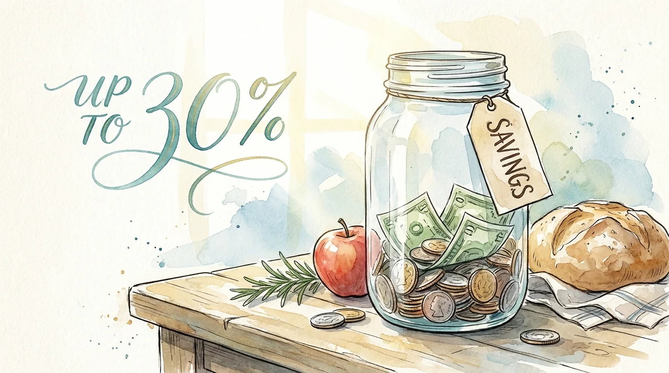 A watercolor illustration of a savings jar next to fresh groceries, with the text 'Up to 30%' floating nearby.