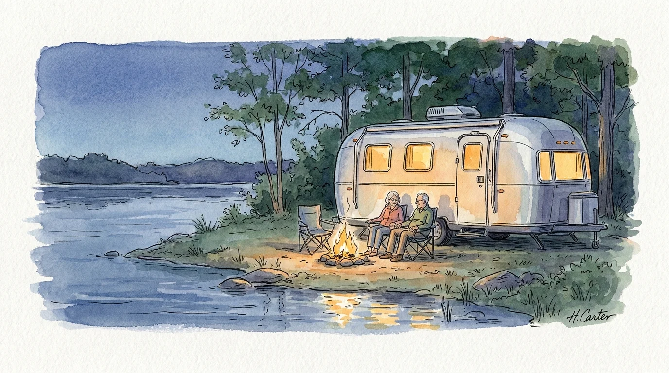 A watercolor illustration of a senior couple camping in a vintage travel trailer by a lake at twilight.