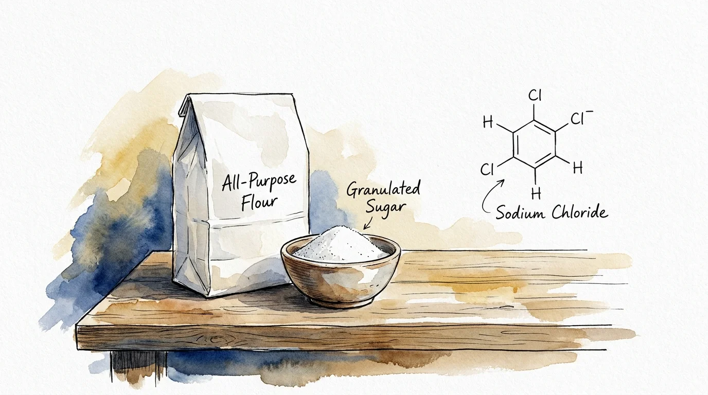 A watercolor illustration of basic pantry staples like flour, sugar, and salt.