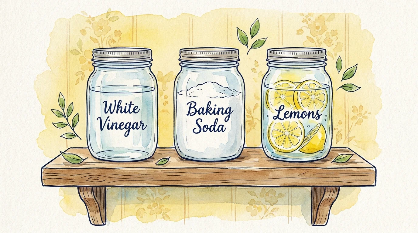 A watercolor illustration of jars containing vinegar, baking soda, and lemons on a kitchen shelf.