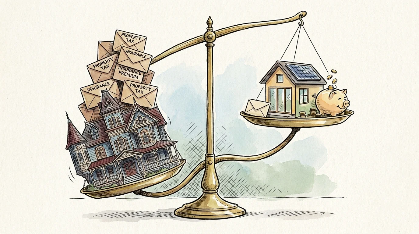 A watercolor illustration of scales showing a large house weighed down by taxes versus a small house balanced with a piggy bank.