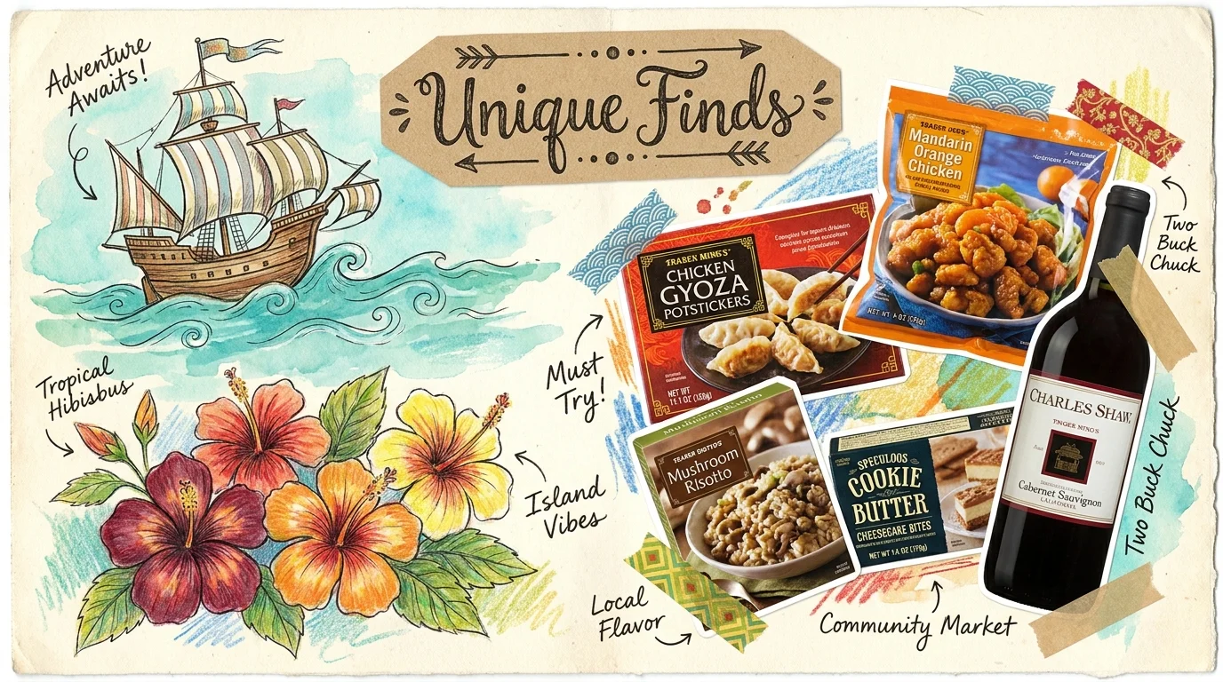 A whimsical collage with tropical flowers, a ship, and grocery items reflecting the unique shopping experience of Trader Joe's.