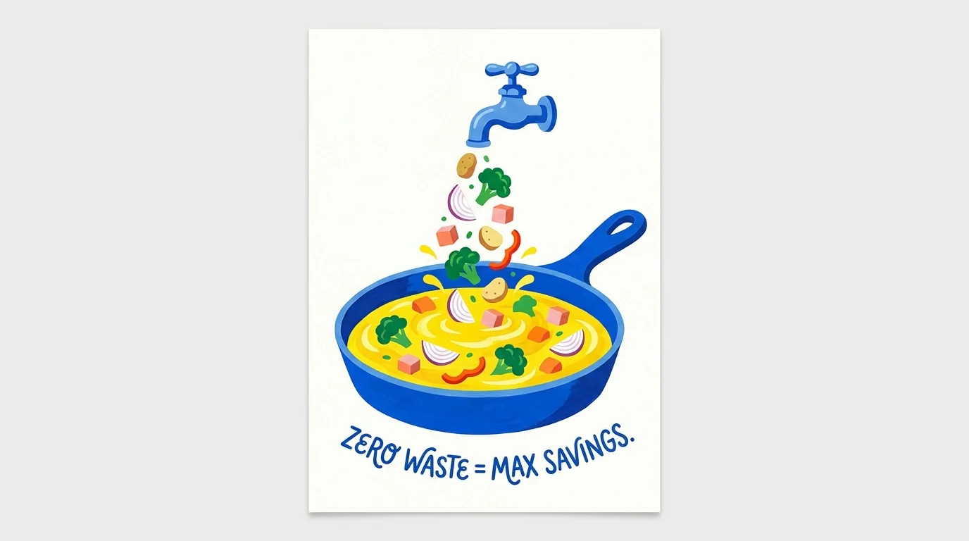 A whimsical illustration of a frittata pan catching vegetable scraps to represent zero-waste cooking.