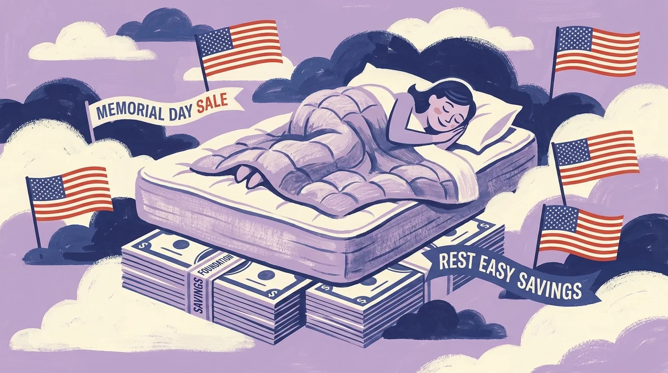 A whimsical illustration of a person sleeping on a mattress floating in clouds with Memorial Day sale banners.