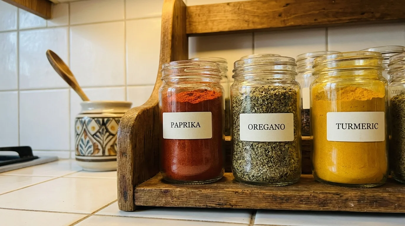 A wooden spice rack with glass jars of colorful spices like paprika and oregano in a warm kitchen.