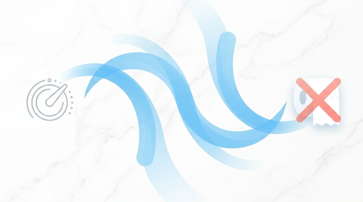 An abstract illustration showing water arcs replacing a crossed-out roll of toilet paper.