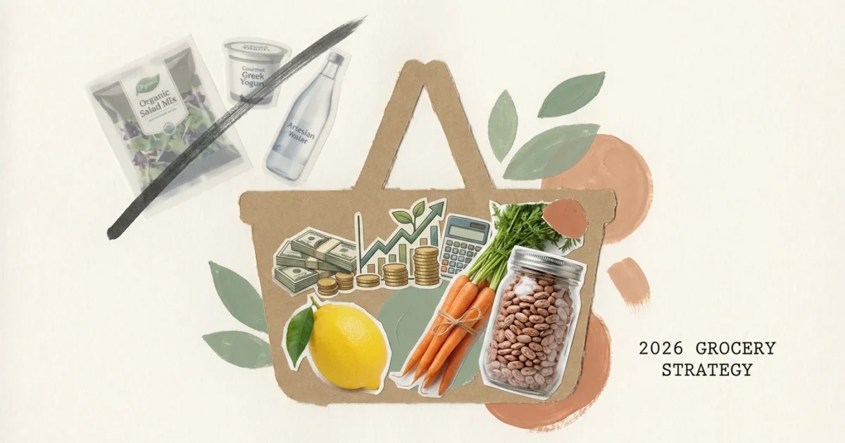 An editorial collage of a grocery basket filled with whole foods and paper-cut savings symbols, while convenience items are discarded.