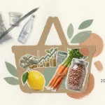 An editorial collage of a grocery basket filled with whole foods and paper-cut savings symbols, while convenience items are discarded.