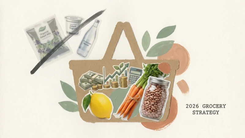 An editorial collage of a grocery basket filled with whole foods and paper-cut savings symbols, while convenience items are discarded.