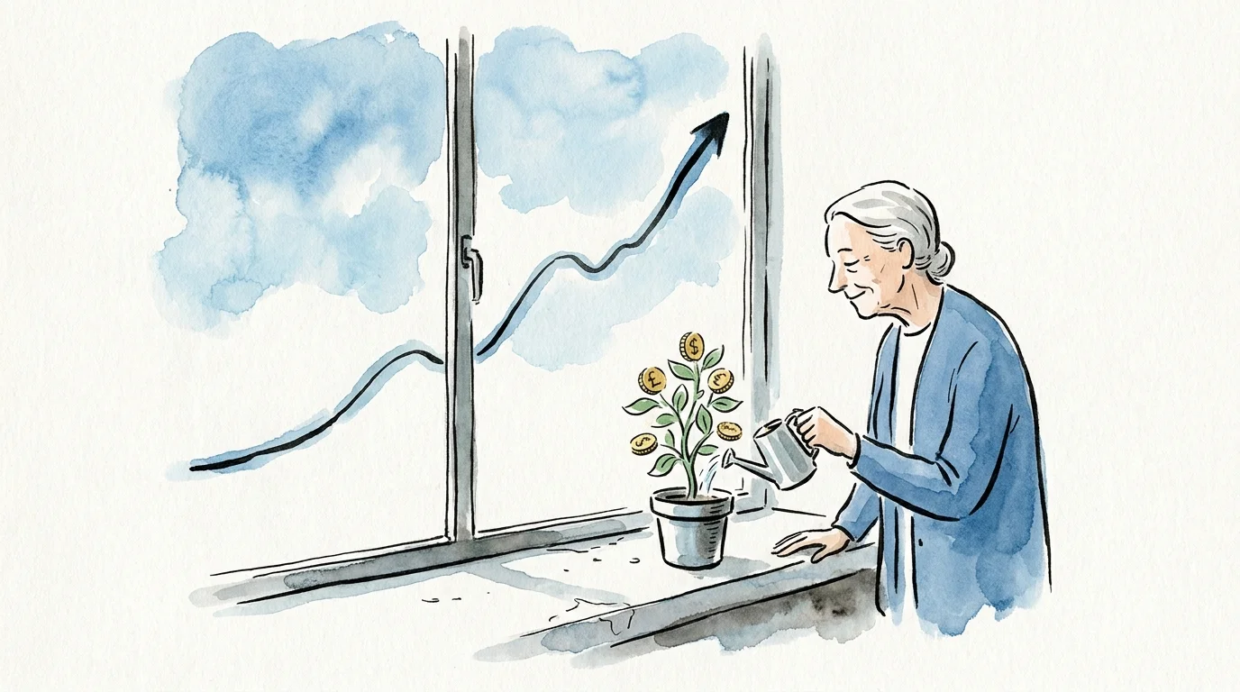 An editorial illustration showing a senior watering a plant that grows coins, with a rising financial chart in the background.