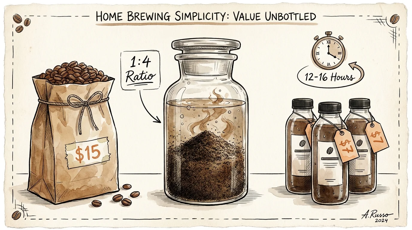 An illustration comparing a 15 dollar bag of coffee to multiple 7 dollar bottles, with a brewing jar labeled 1:4 ratio.