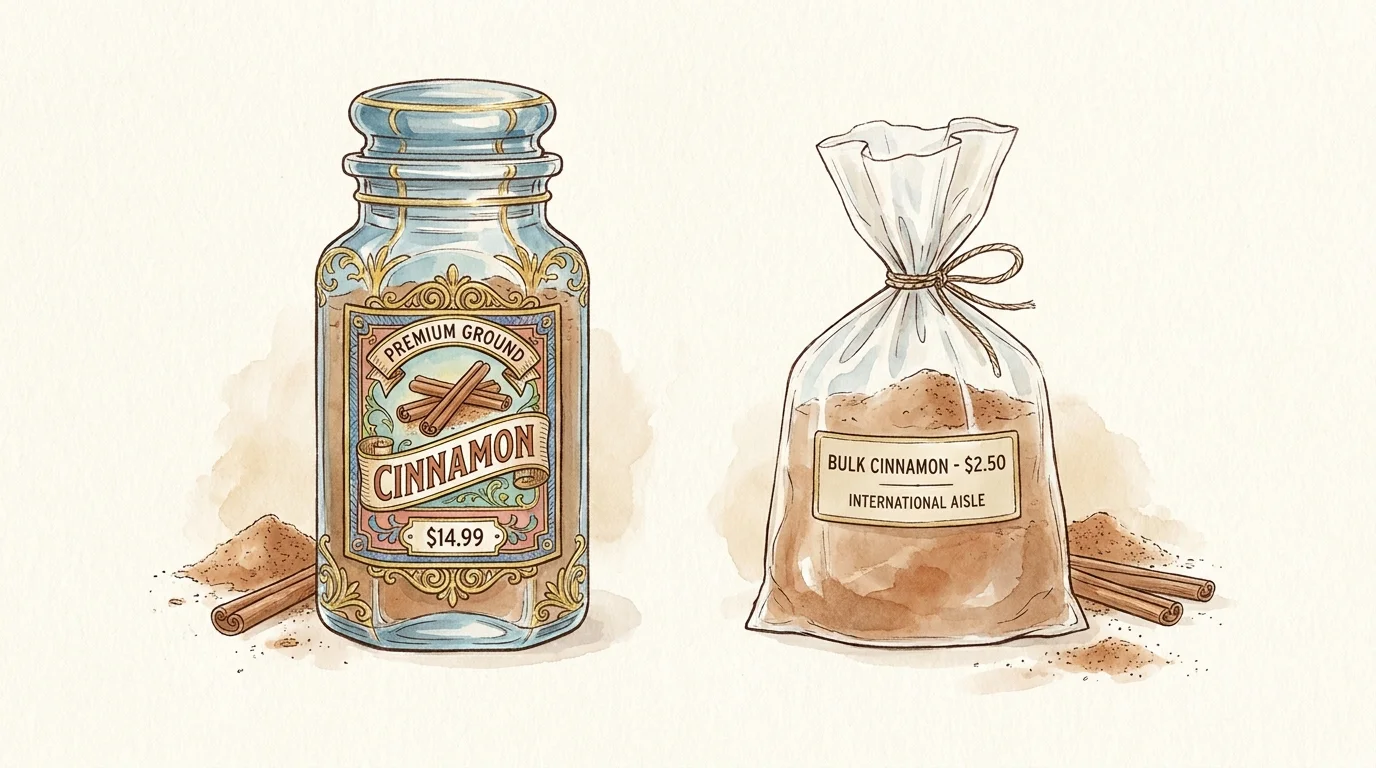 An illustration comparing a fancy name-brand spice jar with a simple, cheaper bag of the same spice.