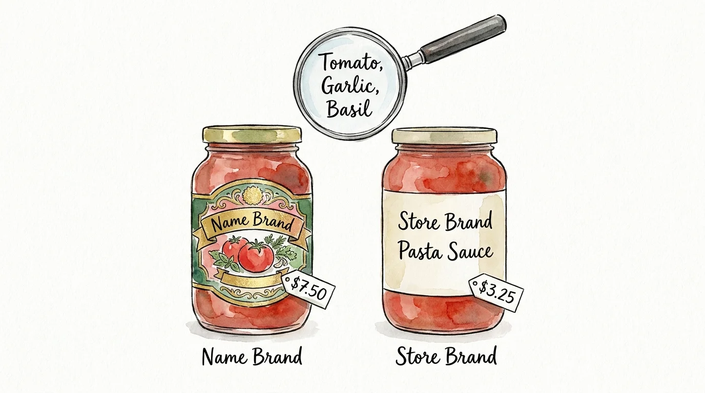 An illustration comparing a name-brand sauce jar at $7.50 with a store-brand jar at $3.25, showing identical ingredients.