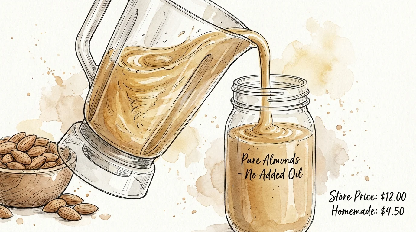An illustration of a blender making almond butter, comparing the 12 dollar store price to the 4.50 homemade cost.