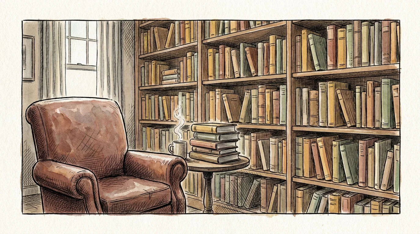 An illustration of a cozy home library filled with secondhand books and a leather reading chair.