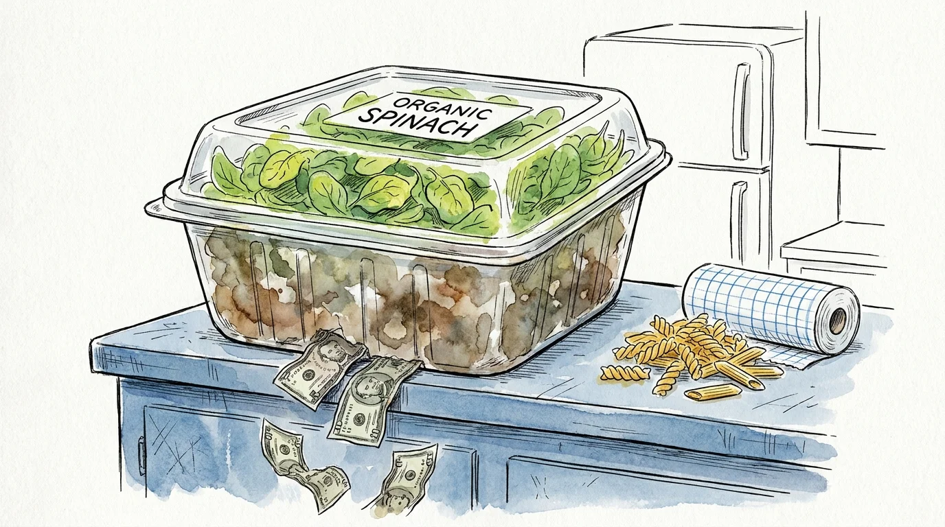 An illustration of a giant spinach container where the bottom leaves are rotting into money that is floating away.