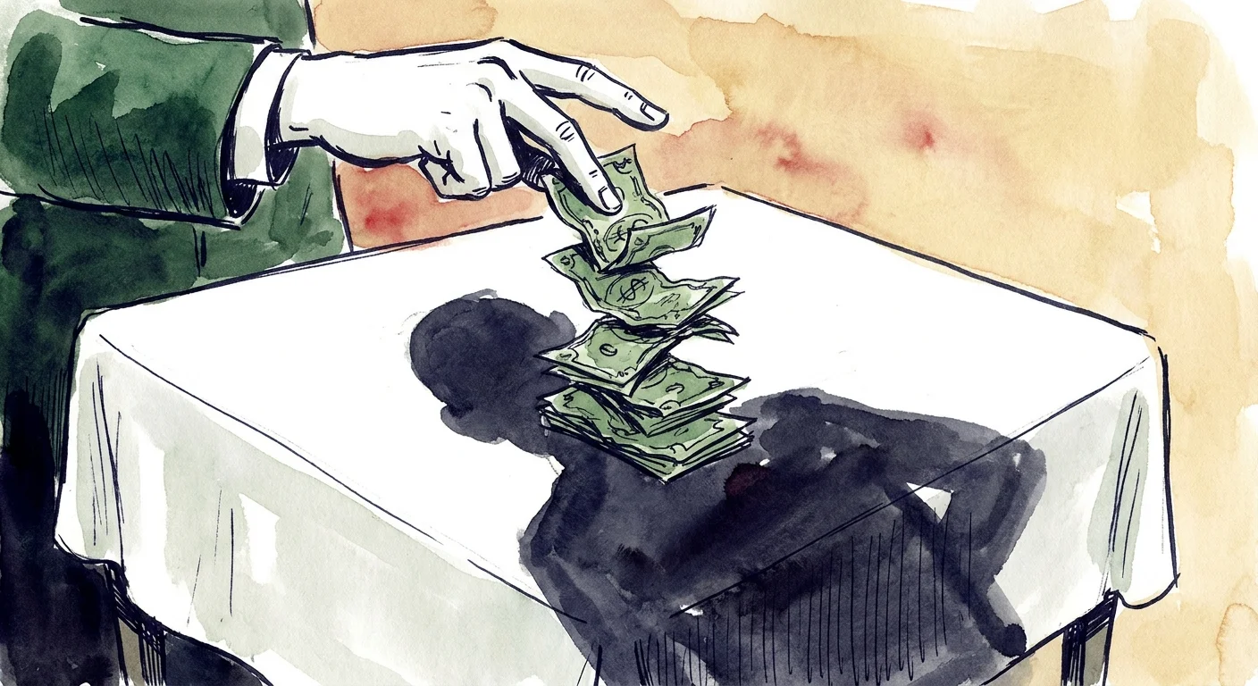 An illustration of a hand stacking dollar bills on a table, casting a shadow over a waiting server.