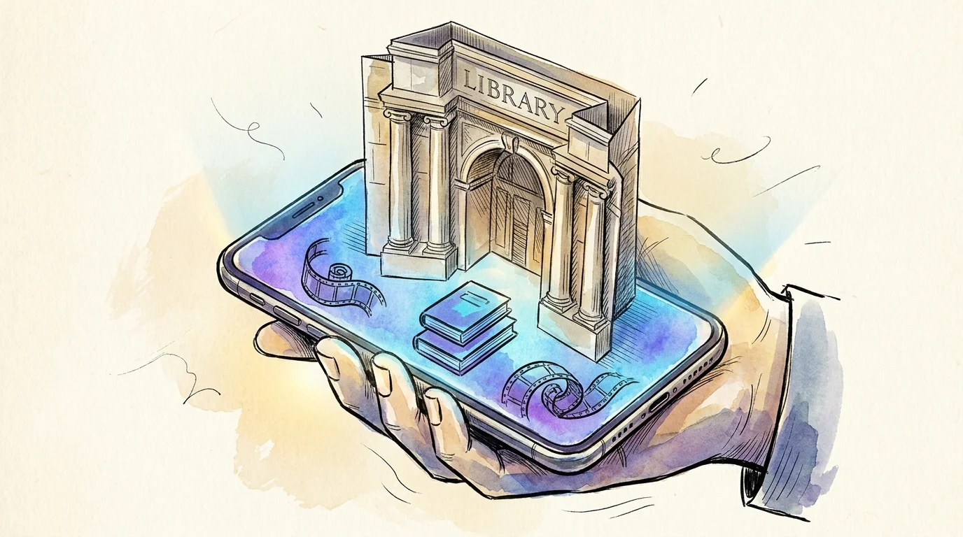 An illustration of a smartphone screen showing a library building popping out of it like a digital app.