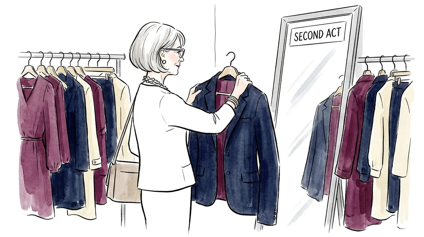 An illustration of a stylish woman choosing a high-quality blazer in a consignment shop.