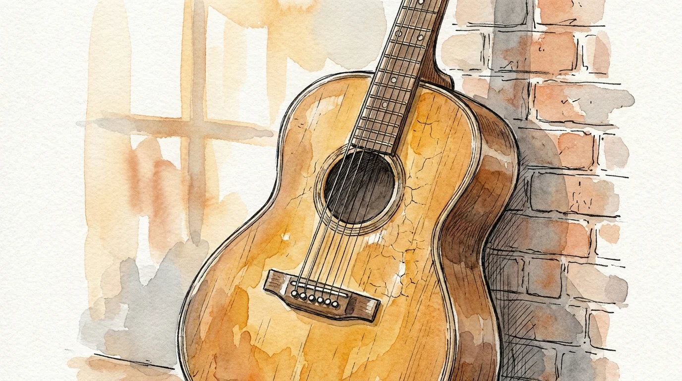 An illustration of a vintage acoustic guitar with a rich wood patina, leaning against a wall.