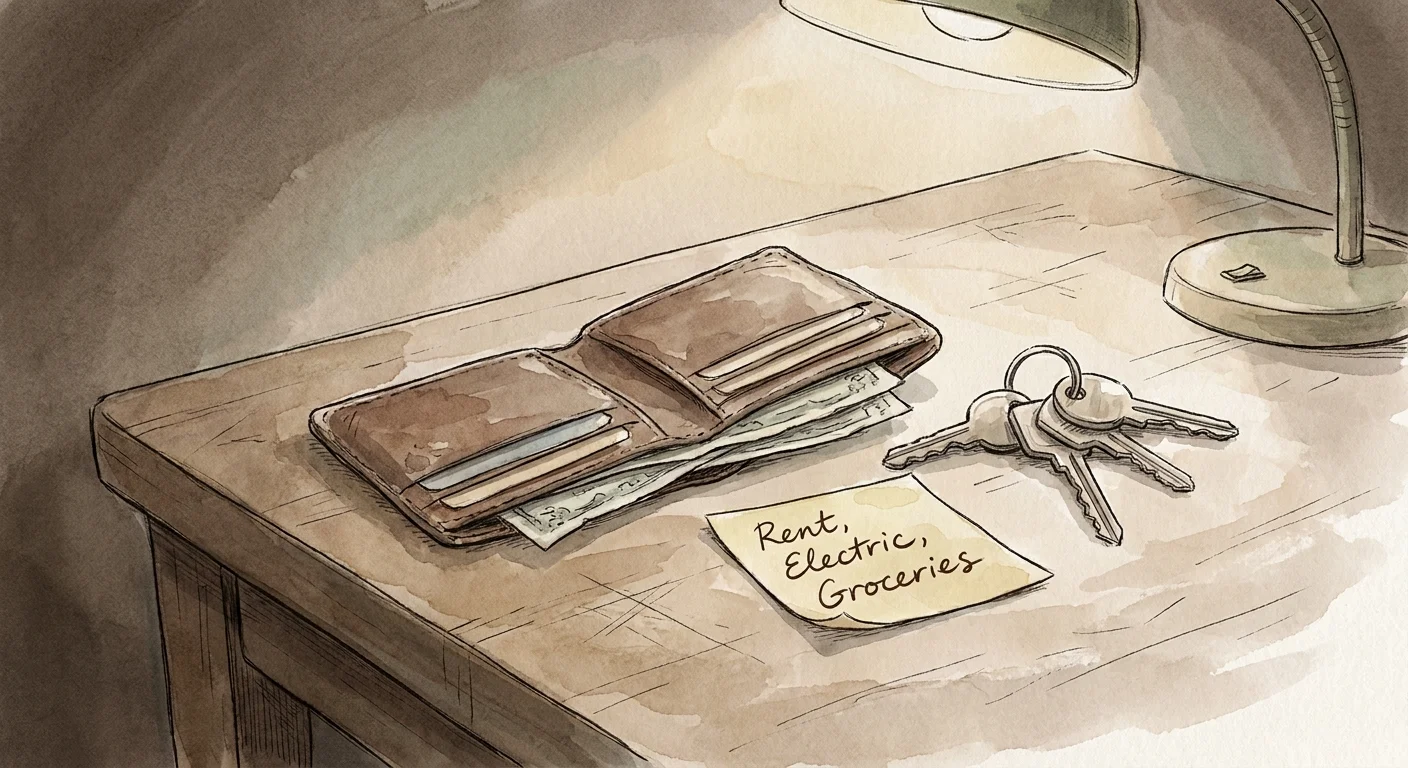 An illustration of a wallet and a 'Rent, Electric, Groceries' checklist, symbolizing a server's livelihood.