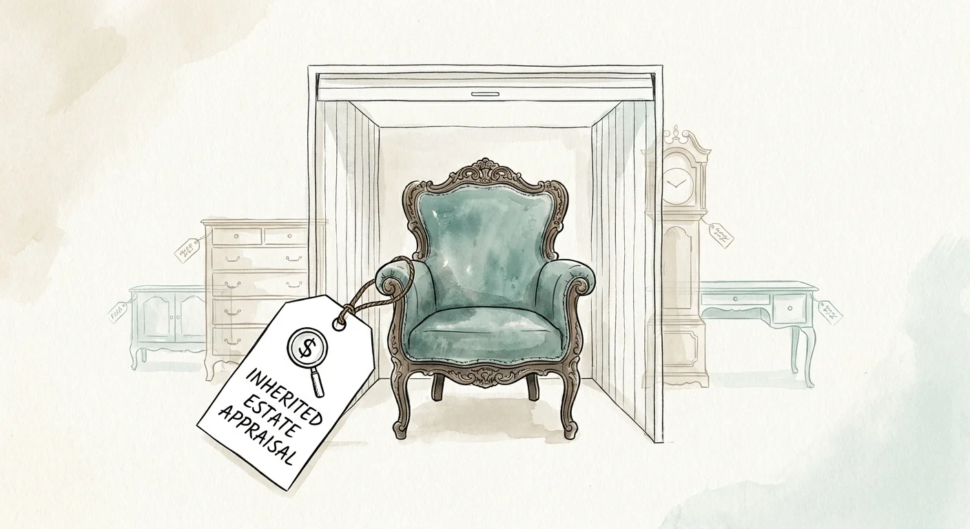 An illustration of an antique chair with an appraisal tag, representing estate items waiting for valuation.