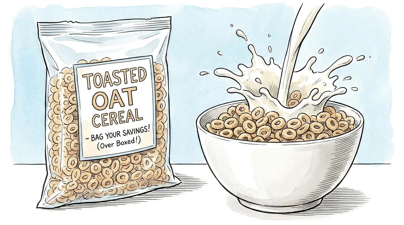 An illustration of generic toasted oat cereal in a bowl next to a large value bag.