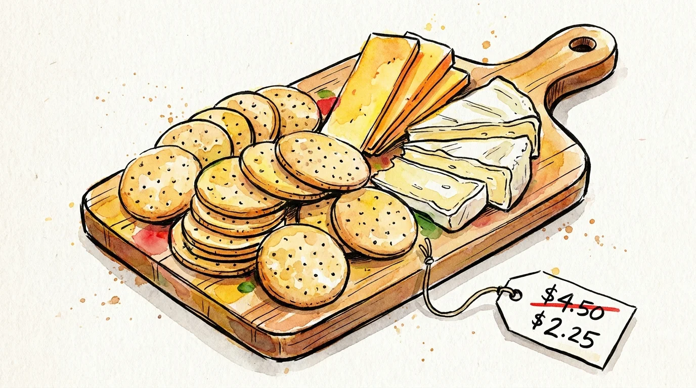 An illustration of generic wheat crackers on a snack board with a price reduction graphic.