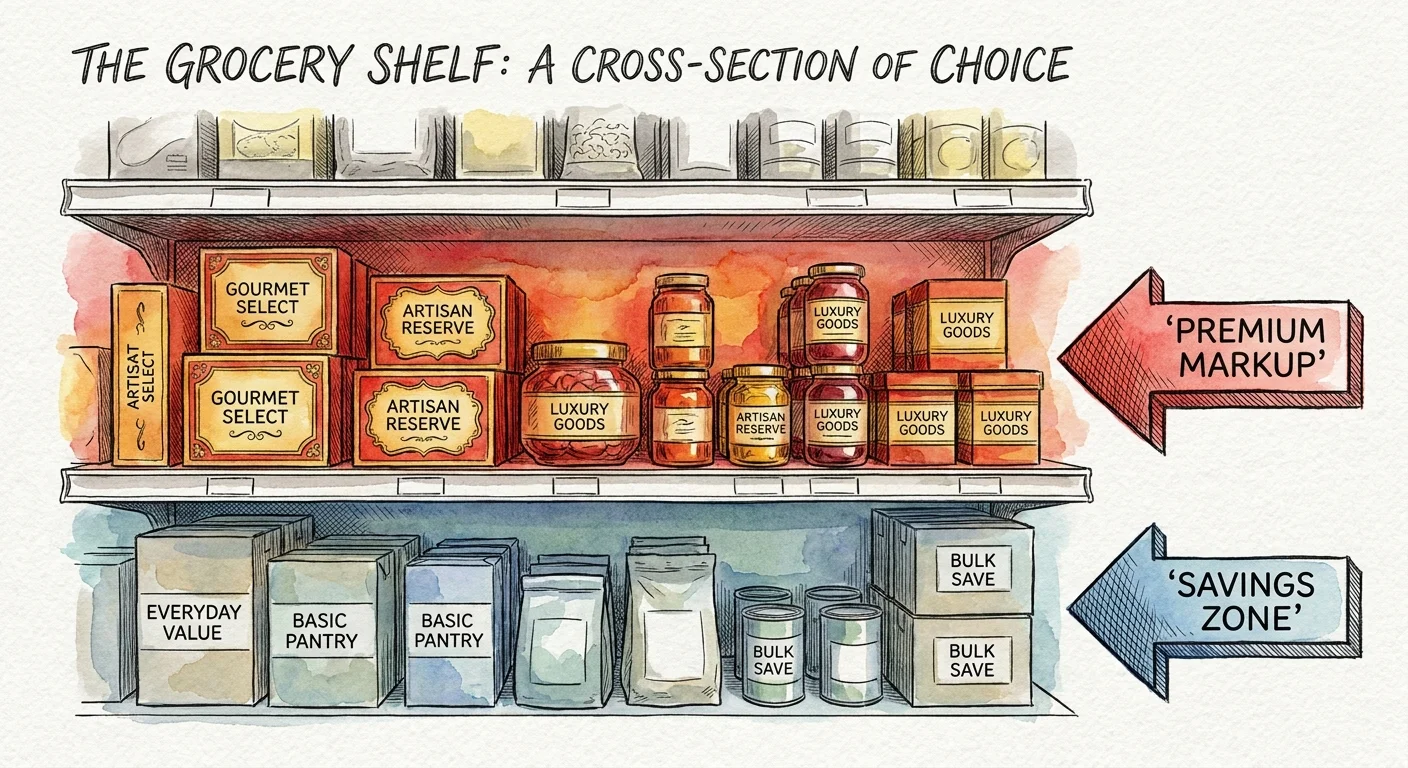 An illustration showing a grocery shelf with expensive items at eye level and generic savings on the bottom shelf.