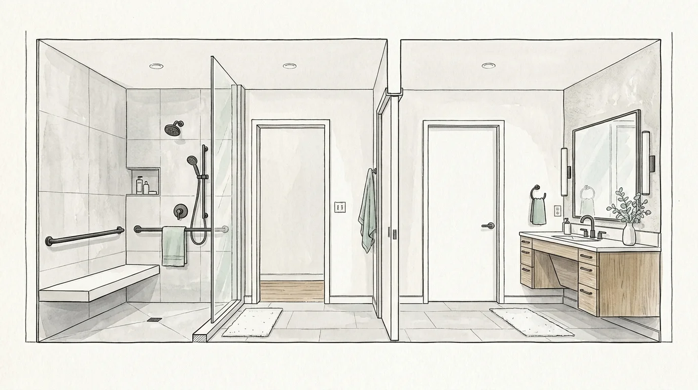 An illustration showing a modern bathroom with aging-in-place features like a curbless shower and elegant grab bars.