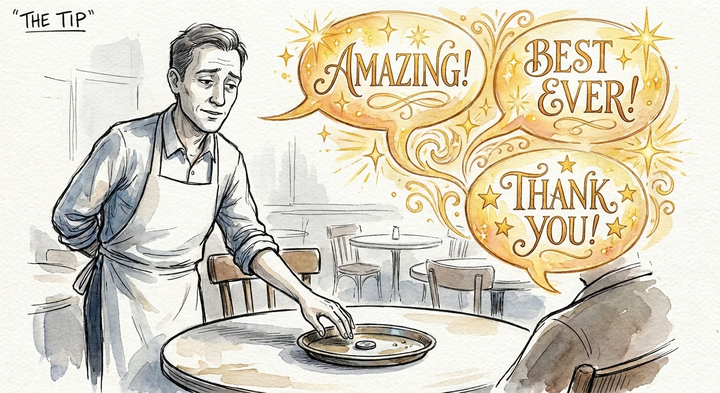 An illustration showing glowing words of praise floating above an almost empty tip tray.