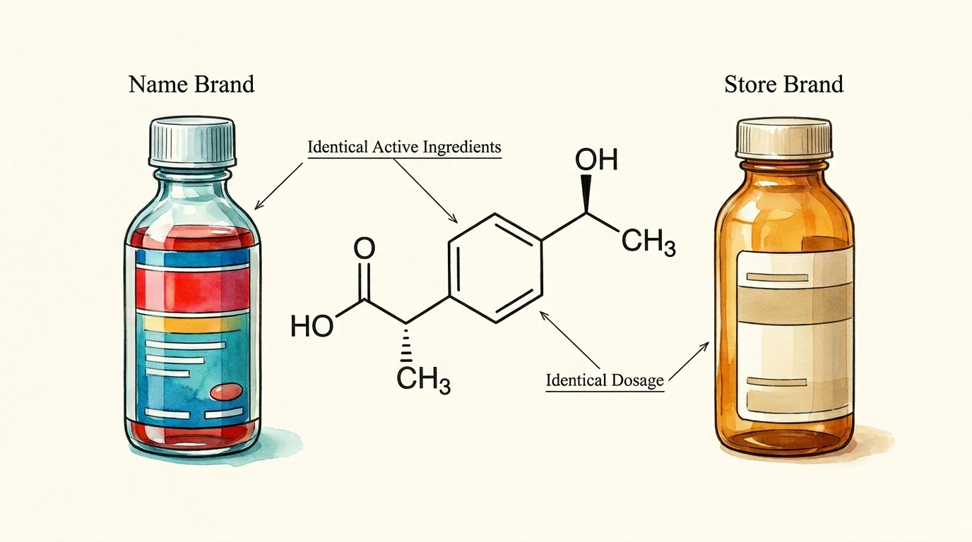 An illustration showing two different pill bottles connected by a shared chemical structure diagram to show they are identical.