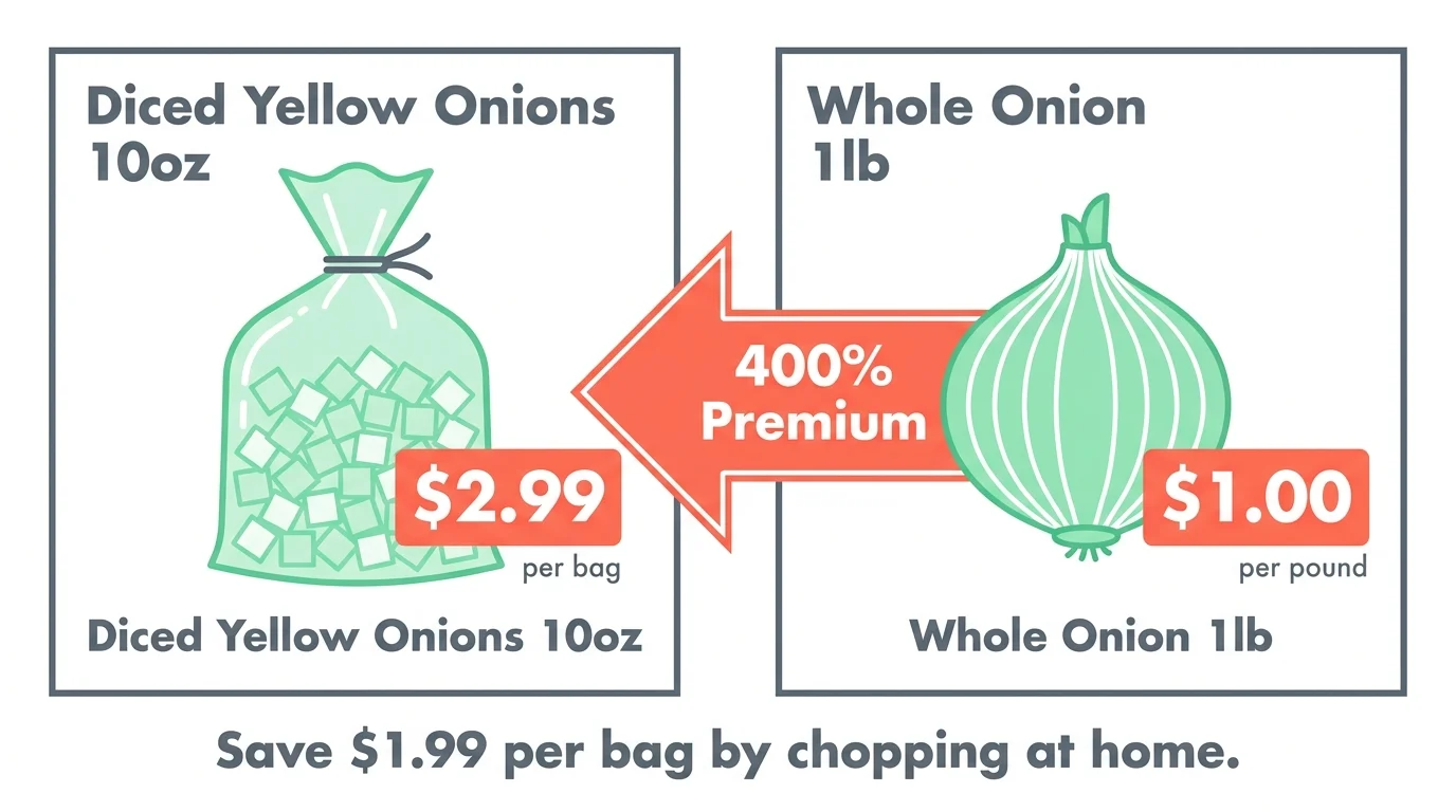 An infographic comparing a $2.99 bag of diced onions to a $1.00 whole onion, highlighting a 400 percent premium.