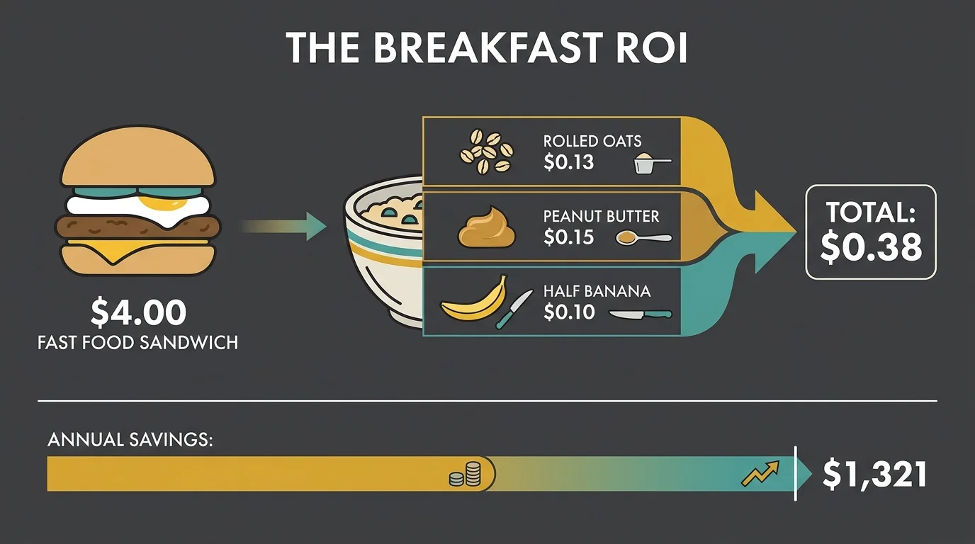 An infographic comparing a $4.00 fast food breakfast to a $0.38 protein-packed oatmeal bowl, highlighting over $1,300 in annual savings.