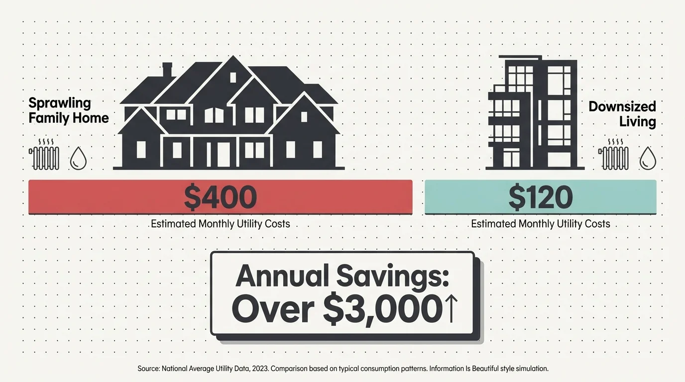 An infographic comparing a $400 monthly utility bill for a large home to a $120 bill for a downsized home, showing $3,000 annual savings.