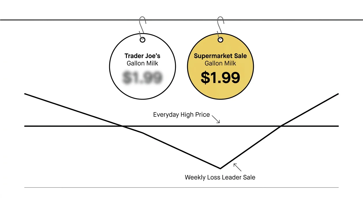An infographic comparing milk price tags, highlighting the 'Loss Leader' sale pricing at traditional supermarkets.