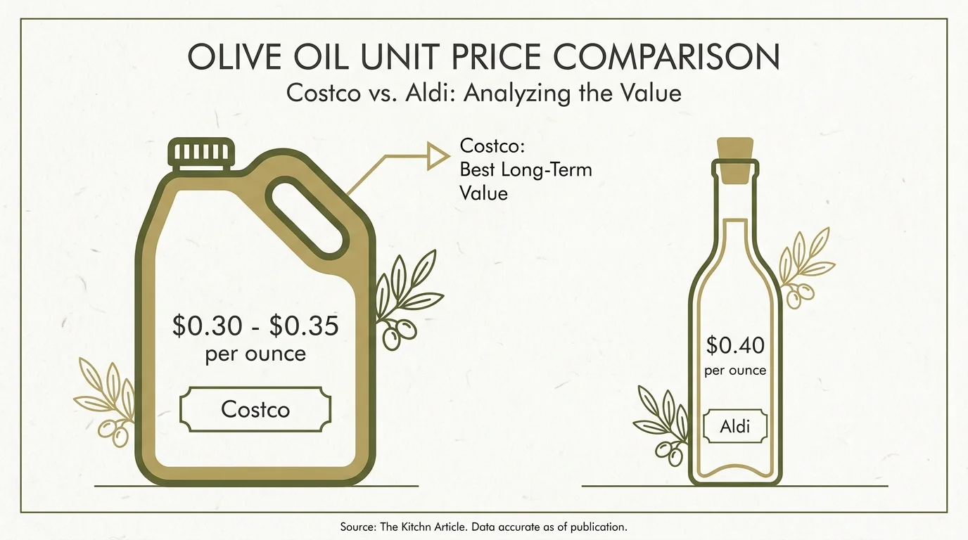 An infographic comparing olive oil prices: Costco at $0.30 to $0.35 per ounce versus Aldi at $0.40 per ounce.