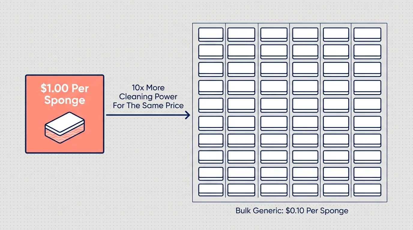 An infographic comparing one branded eraser sponge at one dollar to ten generic sponges for the same price.