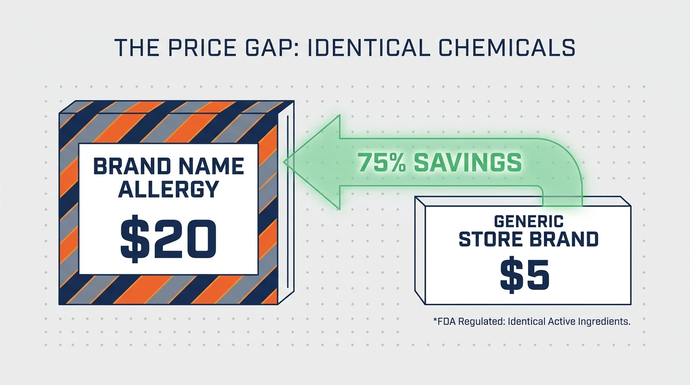 An infographic comparing the $20 cost of brand-name allergy medicine to the $5 generic equivalent, highlighting 75% savings.