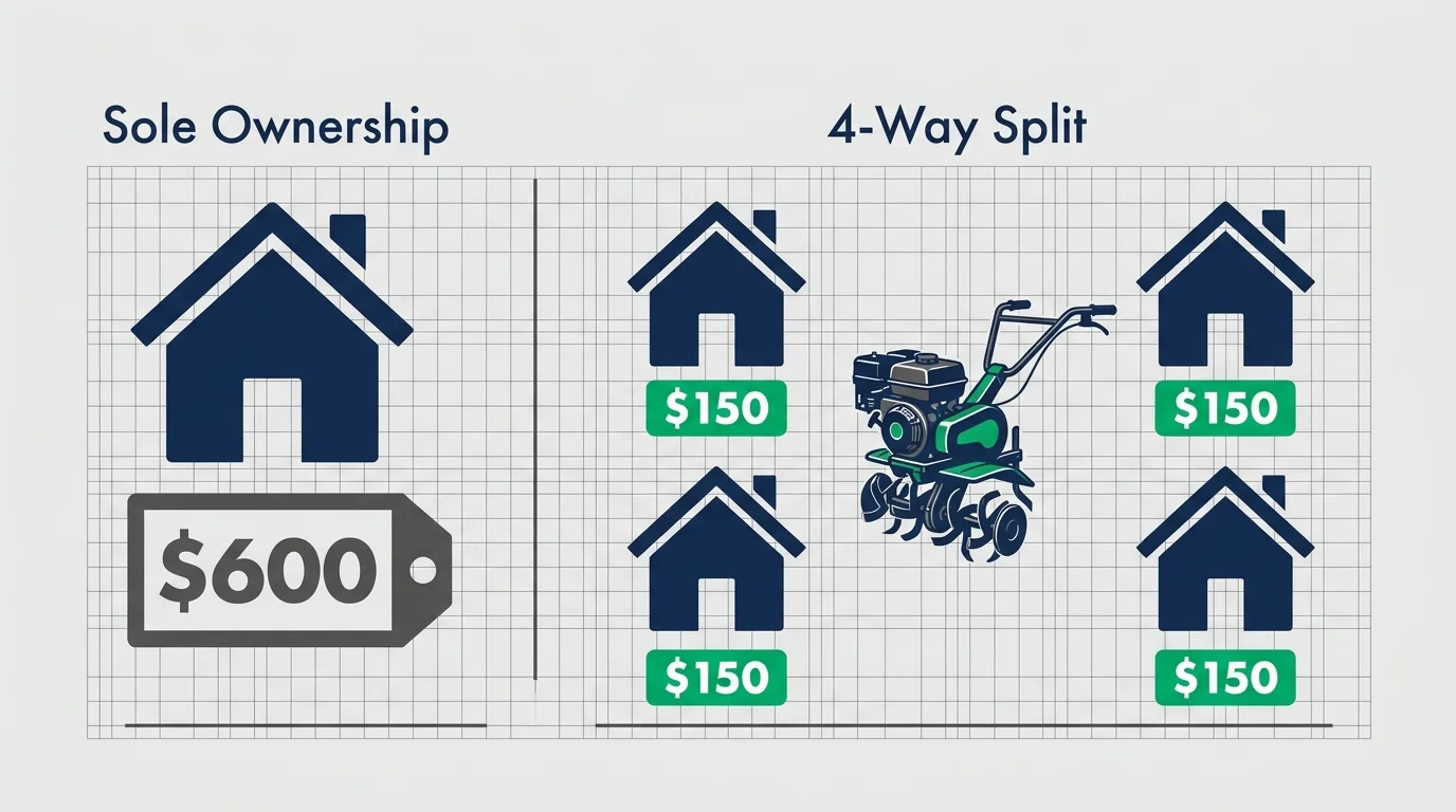 An infographic comparing the $600 cost of solo lawn equipment ownership to a $150 per-person cost when split four ways.
