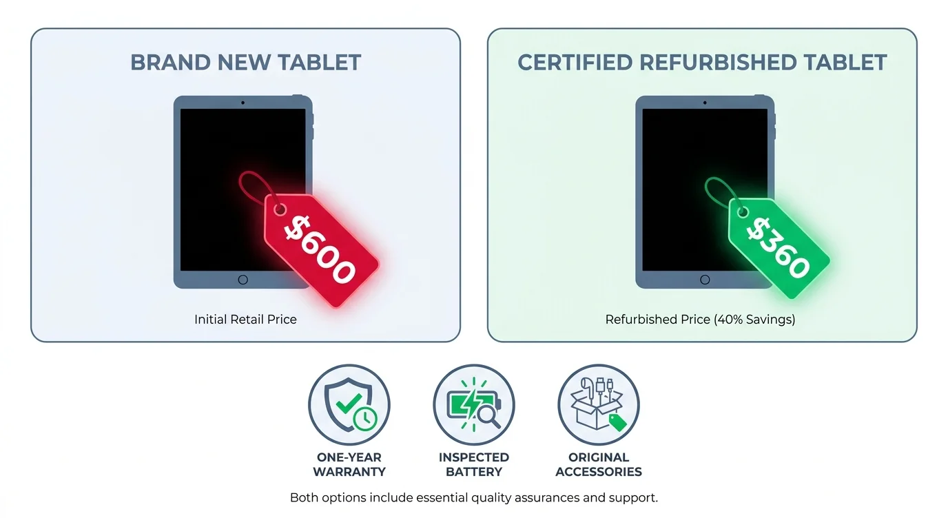 An infographic comparing the cost and benefits of a brand new tablet versus a certified refurbished one.